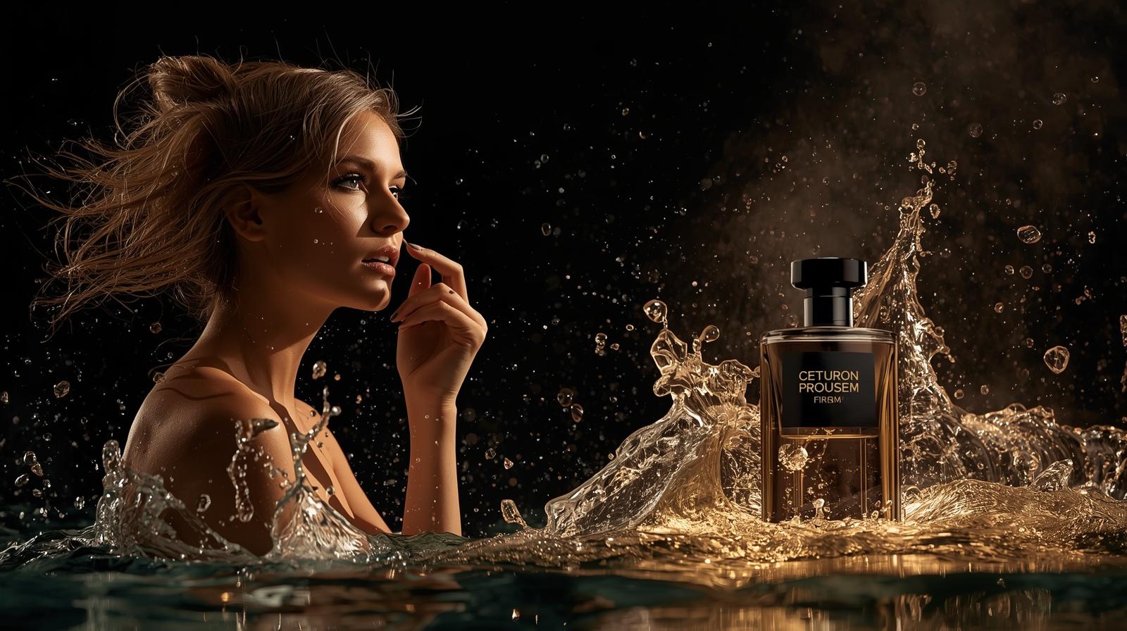 Lifestyle (modèle)_Une femme ou un homme qui applique du parfum_Style élégant _ chic_Regarde vers l’horizon___ Crée une connexion émotionnelle avec le client. Parfum + eau (effet splash)_Flacon avec éclabouss (2)