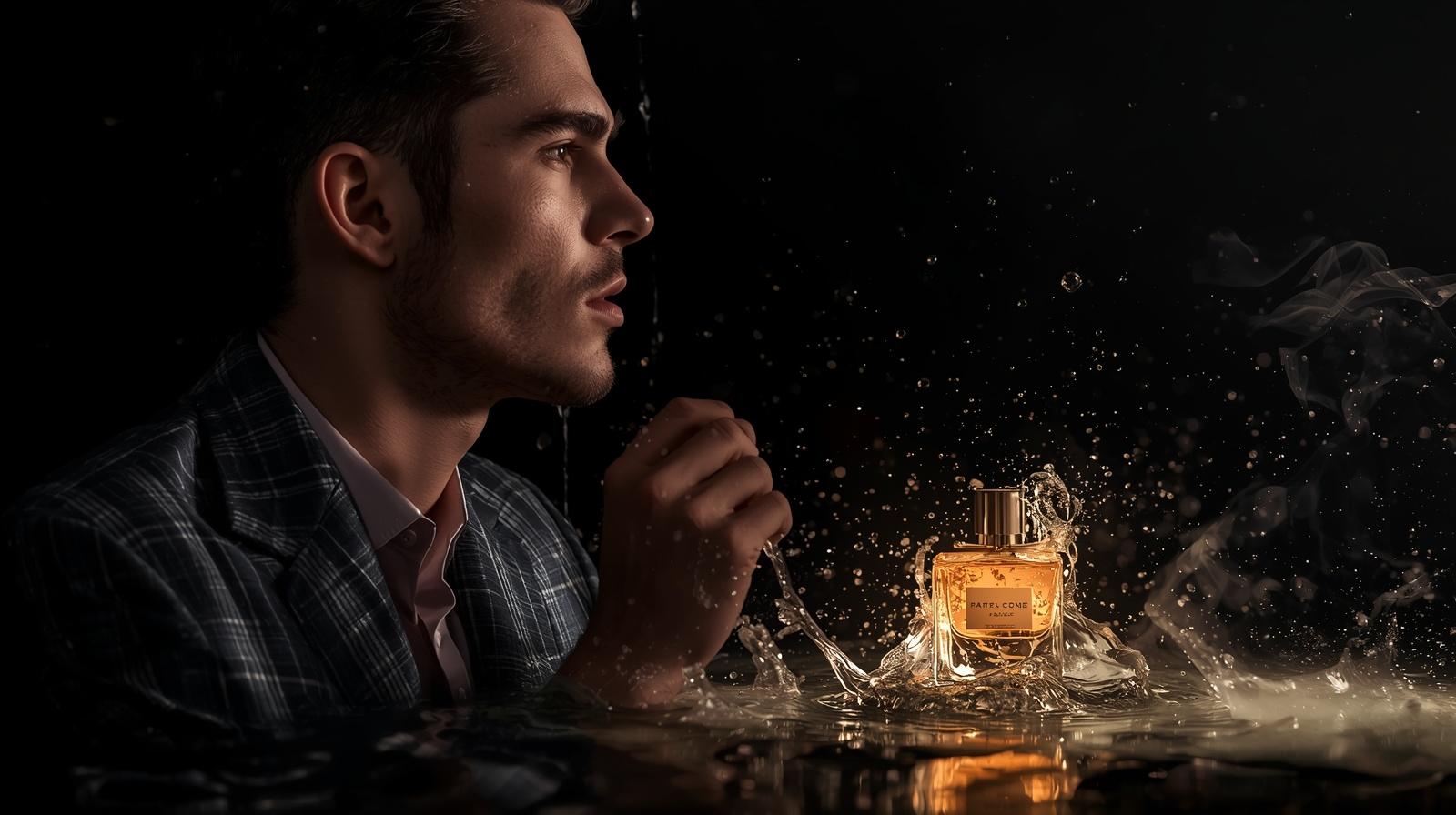 Lifestyle (modèle)_Une femme ou un homme qui applique du parfum_Style élégant _ chic_Regarde vers l’horizon___ Crée une connexion émotionnelle avec le client. Parfum + eau (effet splash)_Flacon avec éclabouss (3)